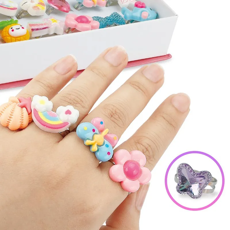 24Pcs Kids Cute Rings Cartoon Plastic Ring Jewelry Fun Flower Shape Adjustable Ring Set Creative Accessories Girl Birthday Gifts