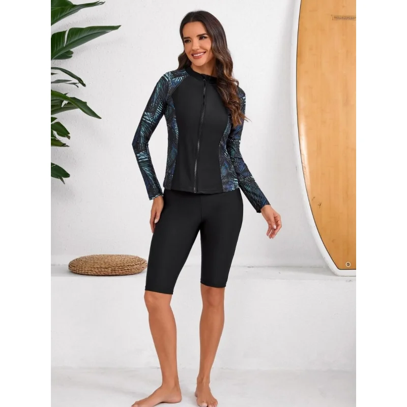 

3pcs Women Long Sleeve Swimsuit Zipper Rash Guard Swimwear Boyleg Beach Wear Bathing Suit Wit Bra