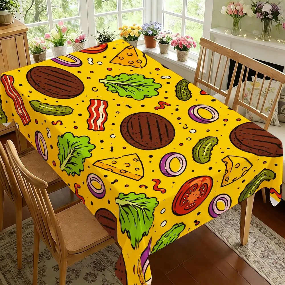 Whimsical Burger Ingredient Print Tablecloth - Vibrant Yellow Pattern with Lettuce, Cheese And Bacon, Durable Fabric, Rectangular Dining Table Cover, Perfect for Summer BBQ, Kitchen Decor, Picnic, Party And Indoor Outdoor Use