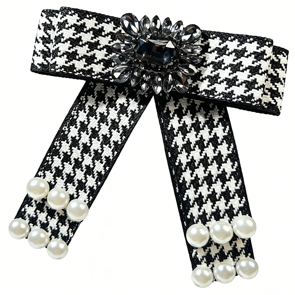 Preppy Style Houndstooth Neck Bow Tie with Pearl Rhinestone, Elegant Office Shirt Collar Accessory