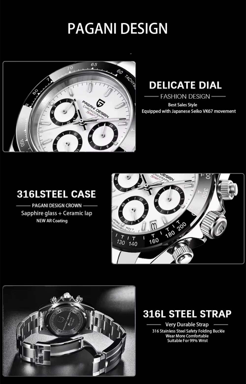 Original New PAGANI DESIGN PD-1664 / PD-1644 Japan VK63 Movt Quartz Wristwatches Sapphire Waterproof Chronograph Reloj Hombre
