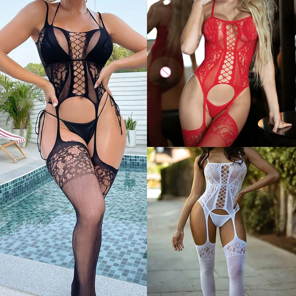 

Daily Home Fishnet Bodysuit Sexy Lingerie Suspender Bodysuit Solid Color Female Moderate Elasticity Regular Length
