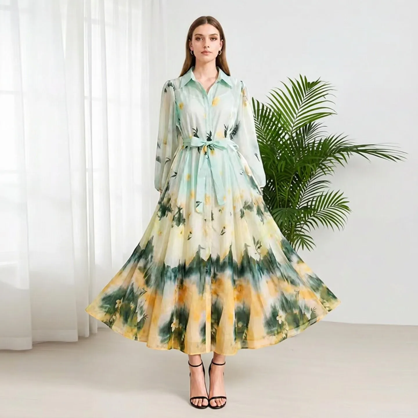Gradual Color Shirt Dress Candy Color Beach Vacation Photography Beautiful Fairy Tale Long Skirt Women's Retro Style Two-Piec...