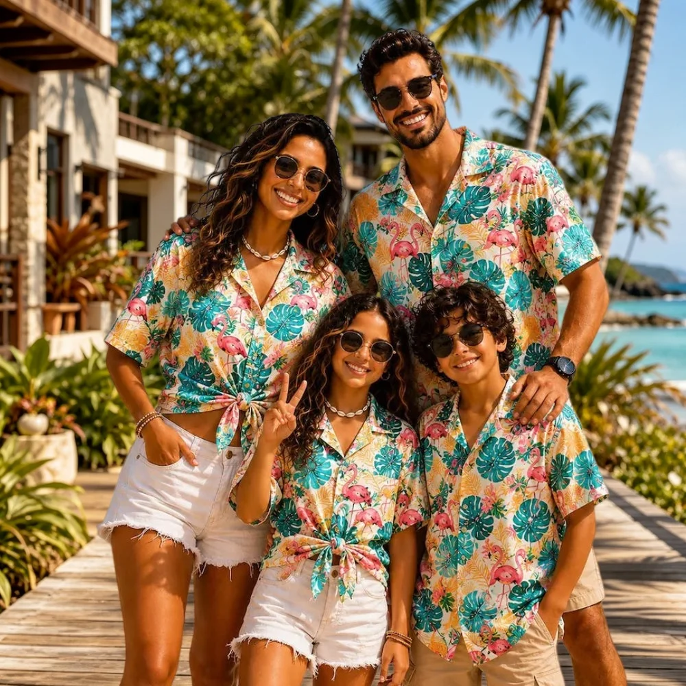 2026 Girls Clothing Summer Hawaiian Tropical Wave Pattern Beach Vacation Short Sleeve Flower Parent Sets for Children Sports Top