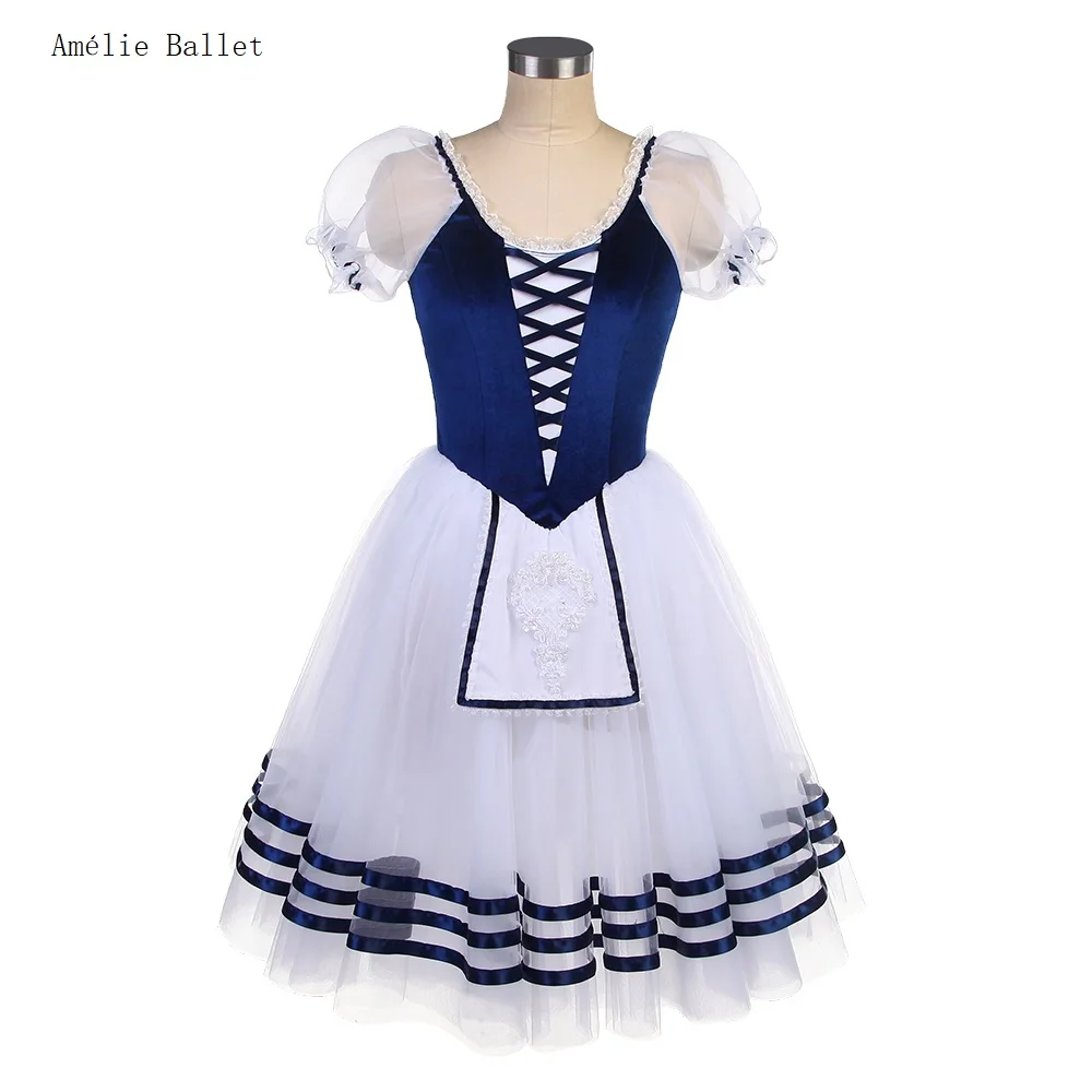 

24034 Puff Sleeves Blue Velvet Bodice with White Romantic Length Tutu Skirt Women Girls Stage Performance Ballet Dance Costumes