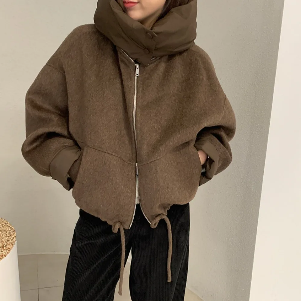 

Винтажное короткое шерстяное пальто с лоскутным воротником, зимняя куртка для женщин, шерстяная верхняя одежда на молнии с рукавами «летучая мышь», женское пальто 2025