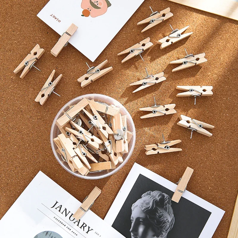 50 Teile/schachtel Holz Clip mit Pin Bunte Foto Holz Clip Filz Bord Kork Wand Dekoration Push Pin Büro Schreibwaren