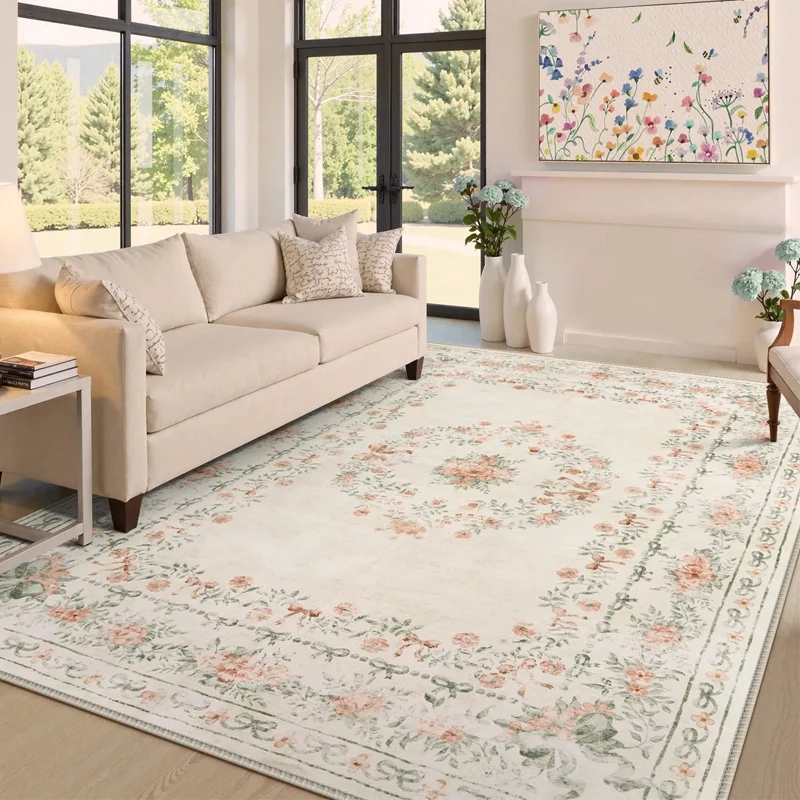 Living Room Carpet Large Area Machine Washable Vintage Traditional Floral Beige Rug for Bedroom Bedside Floor Mats Alfombra 거실러그