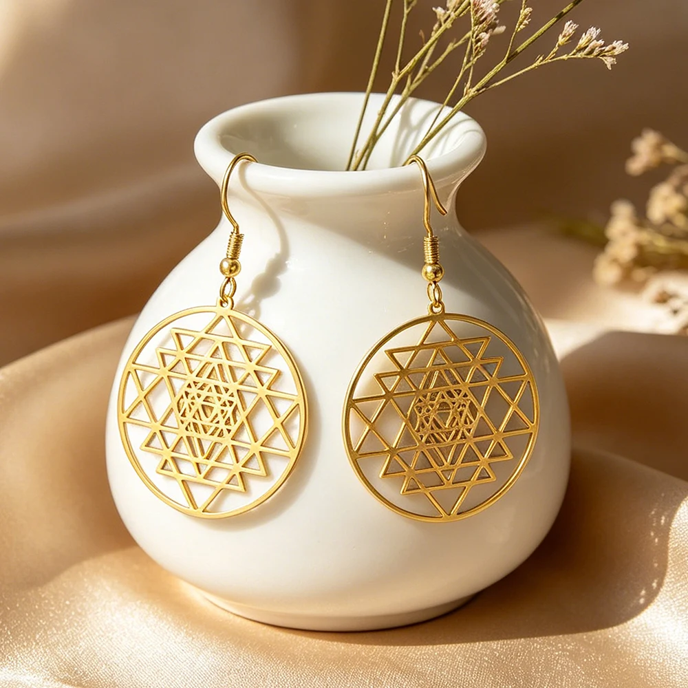 Dawapara Sri Yantra Mandala Dangle Earrings Sacred Geometry Chakra Spiritual Boho Jewelry Stainless Steel Earrings