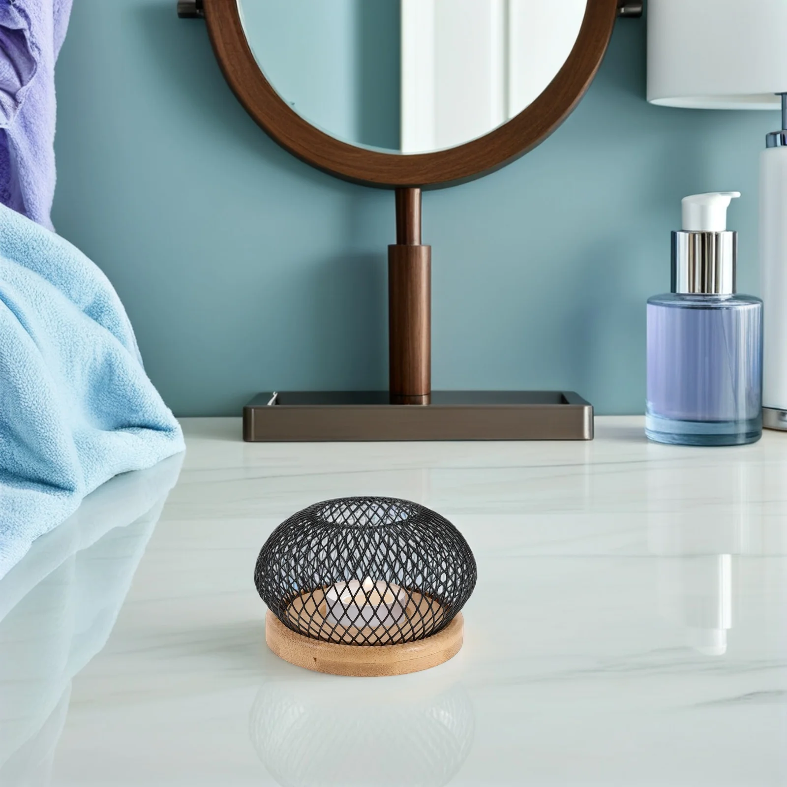 

Wire Mesh Cage Holder Bamboo Base Rustic Hurricane Pillar Stand Outdoor Balcony Patio Lantern Table Centerpiece