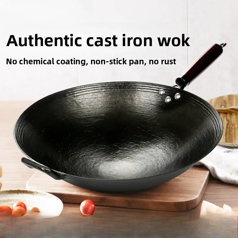 Chinese Cast Iron Wok Non-Coated Kitchen Pan Gas Stove Compatible Durable Nonstick Frying Wok for Stir Fry Vegetable Cooking