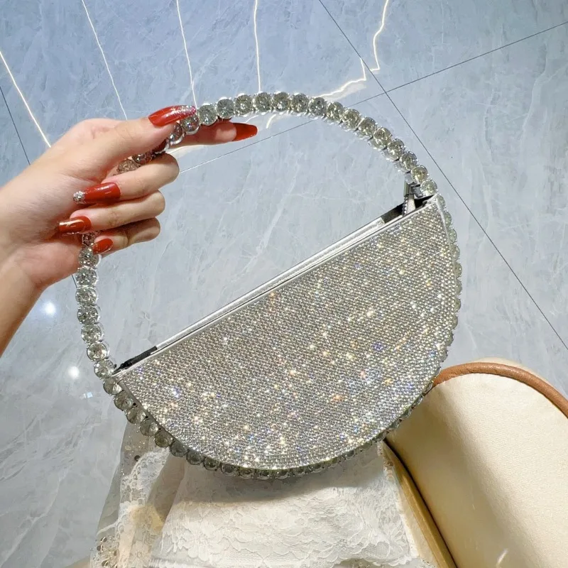 Blingbling Crystal Clutch Women's Silver Rhinestone Semicircle Evening Bag with Ring Handle Glitter Handbag for Formal Parties