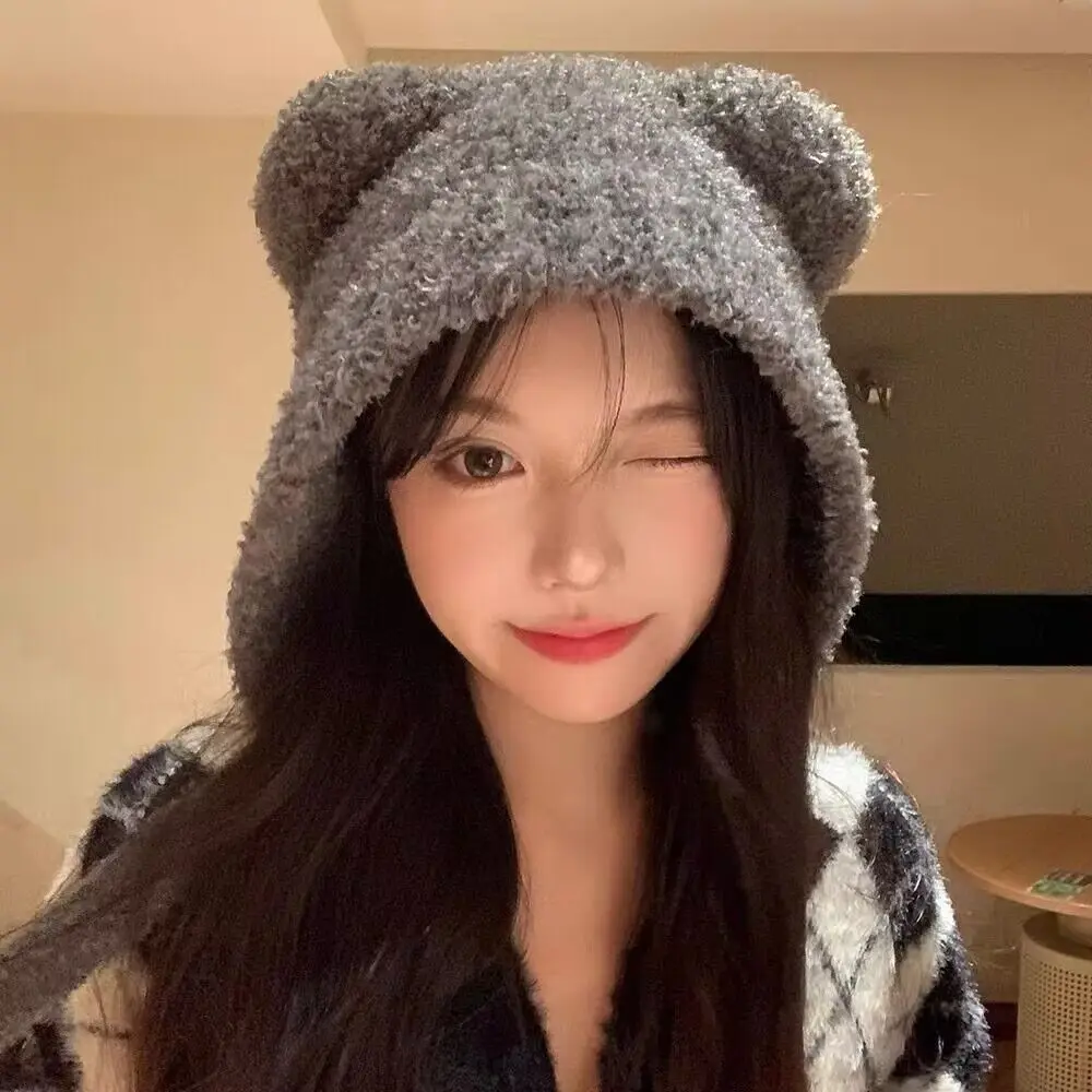 أزياء لطيف لامبير الدب الأذن قبعة Harajuku الدافئة أفخم محبوك قبعة الدب في الهواء الطلق سميكة Y2K بيني قبعات النساء