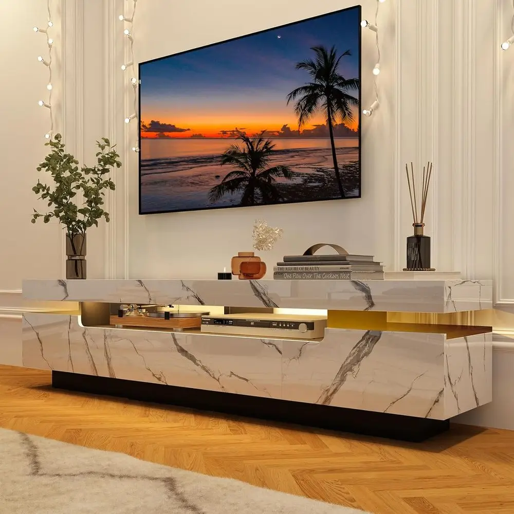 Modern High Gloss White TV Stand for 70-80 LED TVs with Storage And RGB Lighting - Home Entertainment Furniture