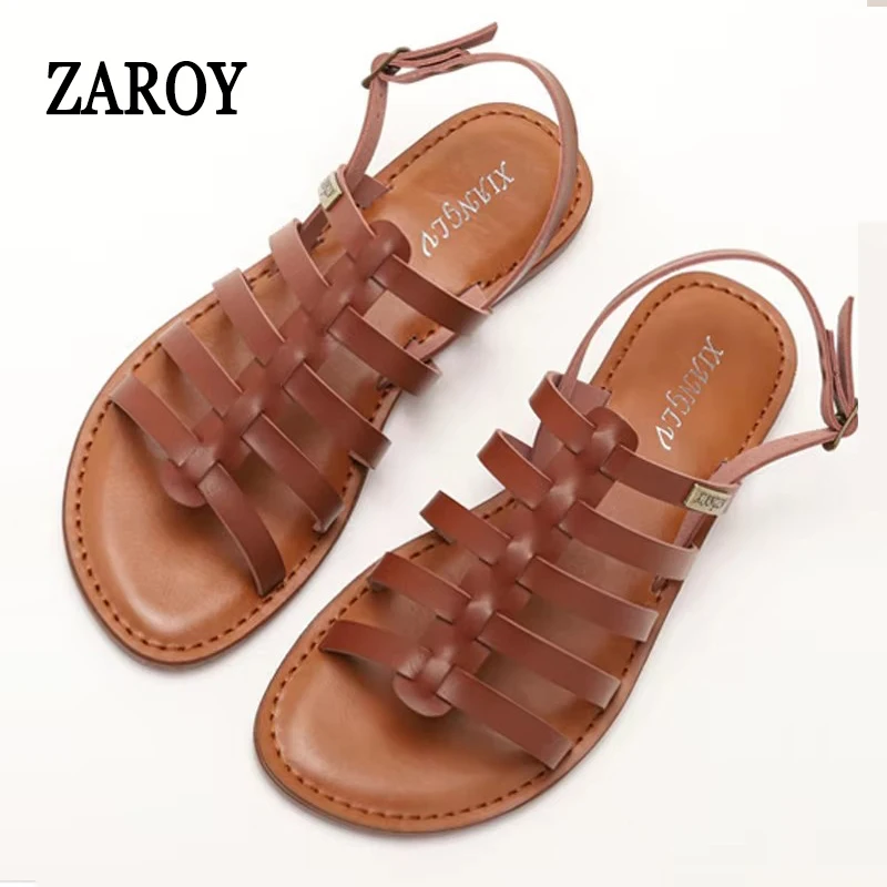 

ZAROY Roman Sandals Open Toe PU Leather Buckle Flat Sandals Fashion Outdoor Beach Casual Women Shoes босоножки женские Sandalias