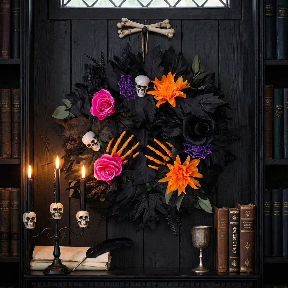 Halloween Wreath for Porch Door 20 inch with Skull Black Maple Leaves Pink Orange Roses For Festive Theme Decor