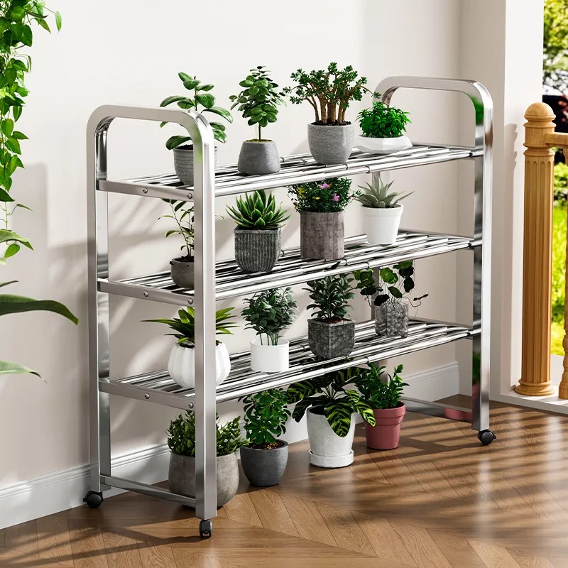 Stainless steel movable and retractable adjustable shoe rack with wheels Multi-layer multi-functional living room simple storage