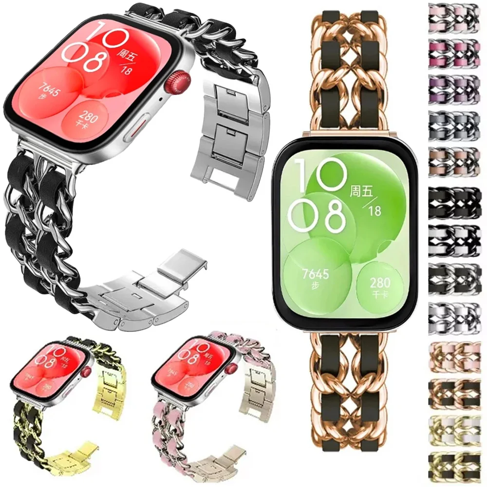 pulseira-de-couro-metalico-para-huawei-watch-fit-5-4-3-huawei-watch-fit-4-5-pro-smartwatch-feminino-confortavel-e-ajustavel