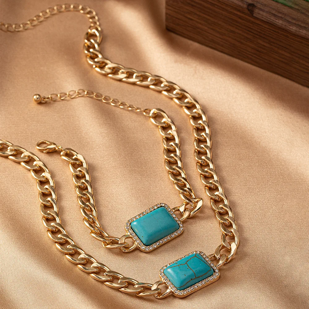 Jewelry Set For Women Geometric Square Turquoise Temperament Necklace Bracelet Holiday Party Gift Fashion Accessories CS022