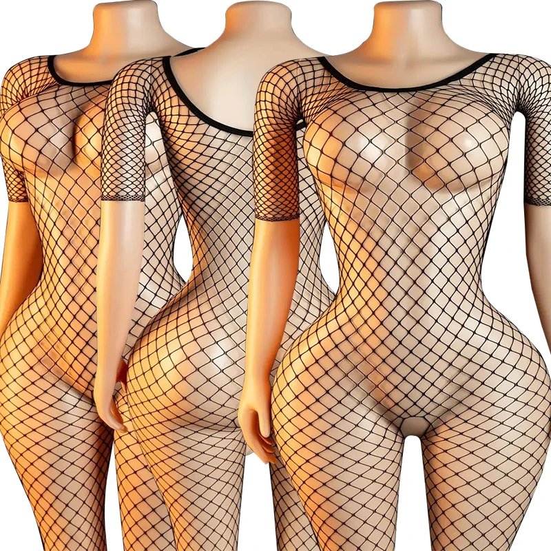 Off Shoulder Mesh Full Bodysuit Erotic Crotchless Lingerie Women Sexy Fishnet Hollow Bodystocking Long Sleeve Catsuit One Piece