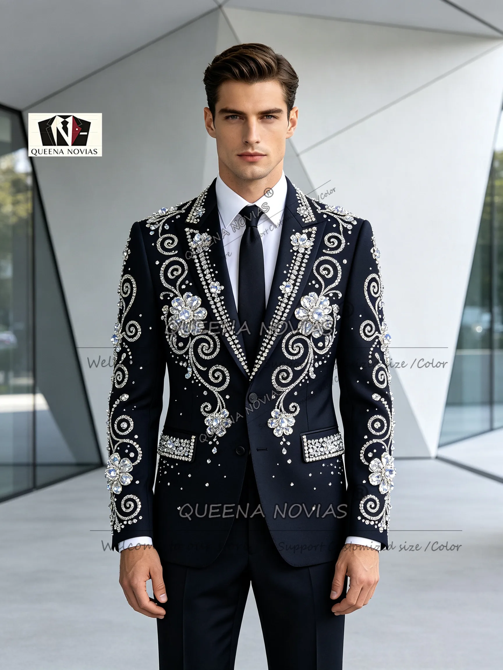 Exclusive Wedding Suit For Man Slim Fit Twinkling Crystals Beading Jacket Pants 2 Pieces Sets Groom Tuxedo Male Fashion Outfits