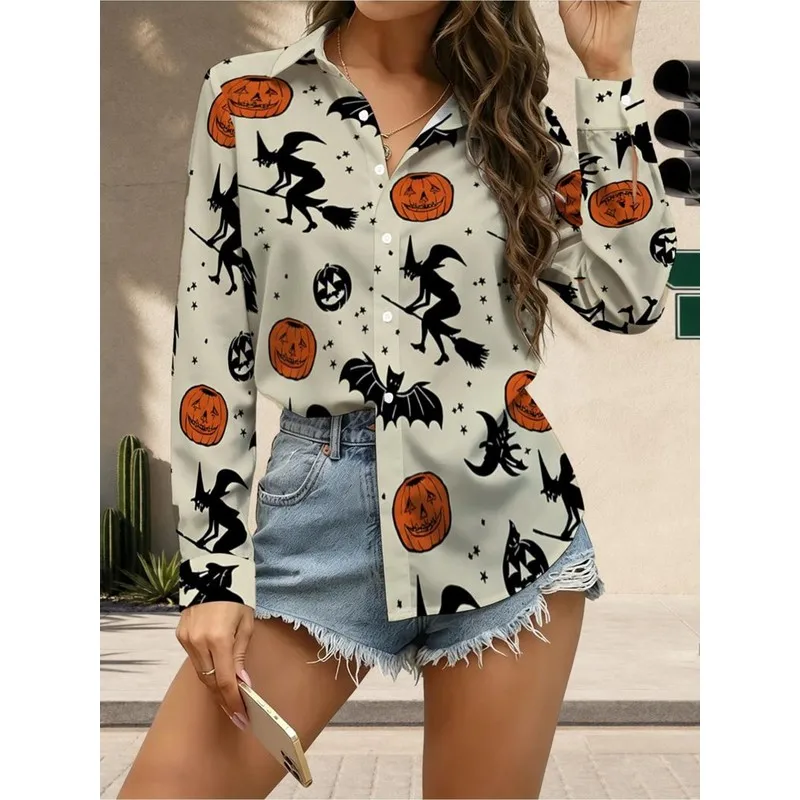This year's new women's Halloween pumpkin, witch, and bat print collared long-sleeve shirt，Autumn Horror Party Outfit Top
