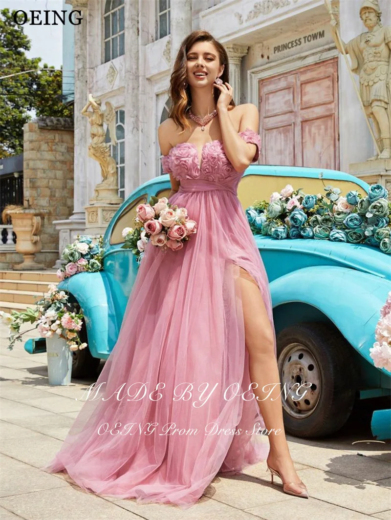 BOEING Prinses A-lijn Prom Jurk Roze 3D Rose Bloem Off Schouder Side Hoge Split Verjaardagsfeestje Jurk vestidos Aangepaste