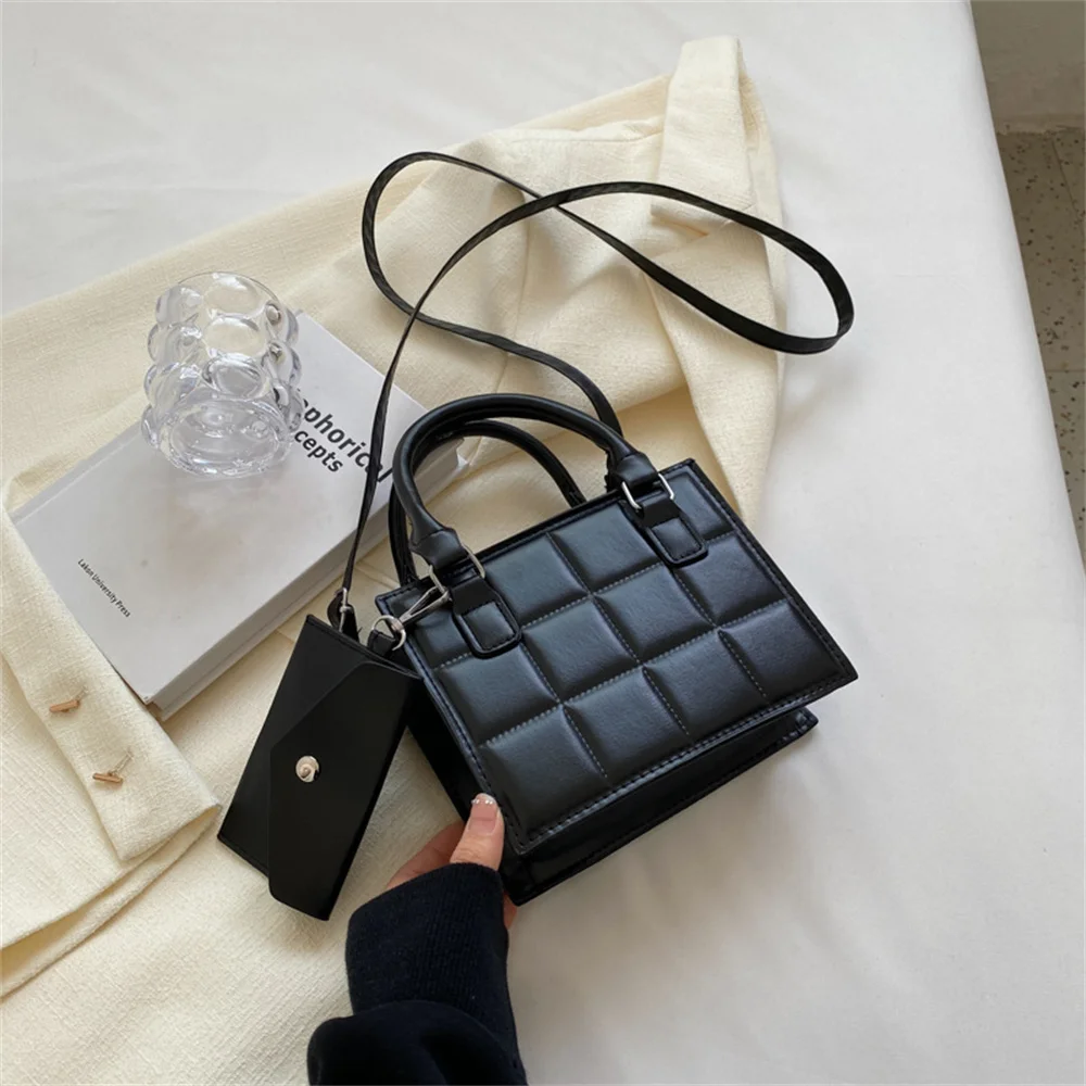 Bolsas de ombro de couro PU padrão xadrez para mulheres, bolsas pretas, pequena bolsa quadrada de telefone, bolsas crossbody de moda inverno