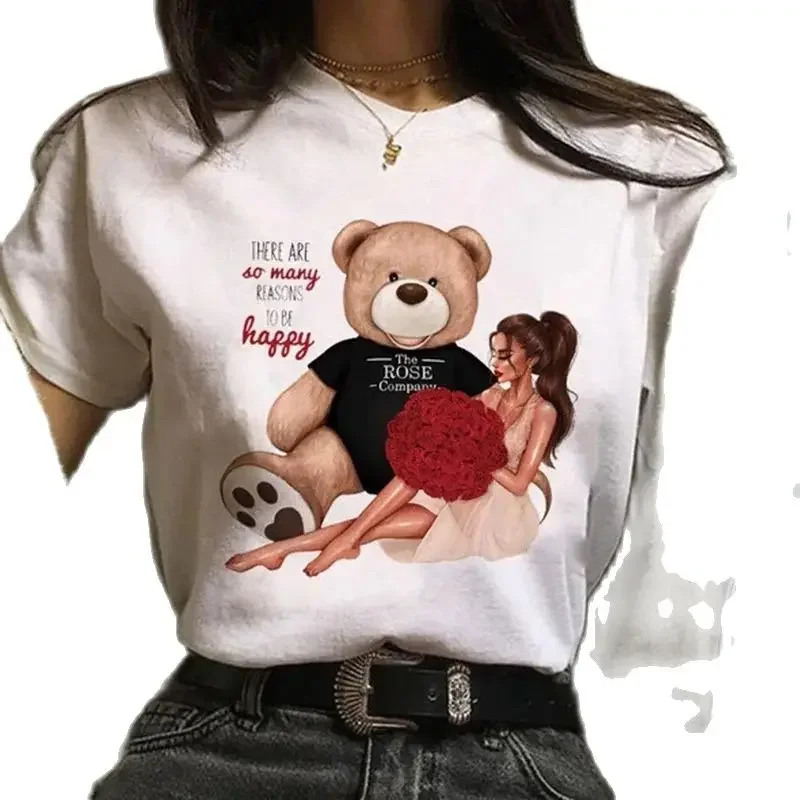 

Fashion Girl Personality Printed T-shirt Round Neck Casual Short-sleeved Base Shirt Teddy Bear Harajuku Graphic Oversized Tee