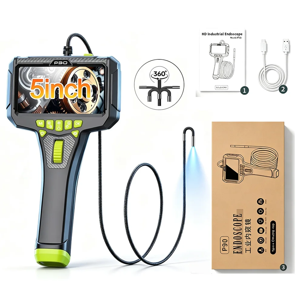 360° Zwei-Wege-Gelenk, industrielles Endoskop, 5,0-Zoll-IPS-Bildschirm, Endoskop, Inspektionskamera, HD 1080P, IP67 wasserdicht, halbstarres Kabel, LED-Licht, Rohrkorrosion, HLK, tragbar, tragbar