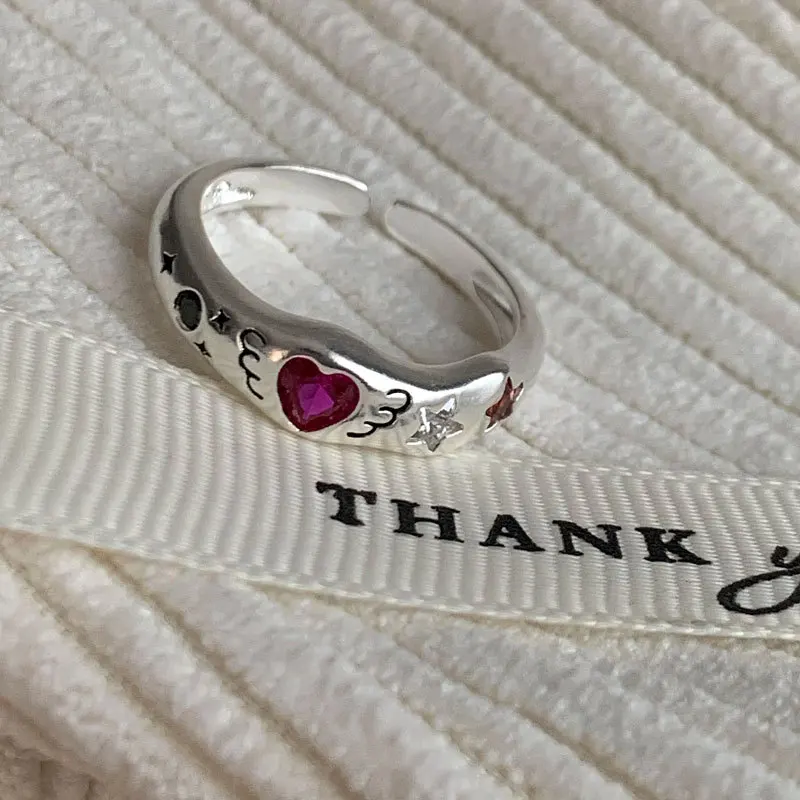925 Sterling Silber Einfache Bunte Herz Stein Ringe Für Frauen Geometrische Mode Einfache Offene Handgemachte Allergie Party Schmuck Geschenk