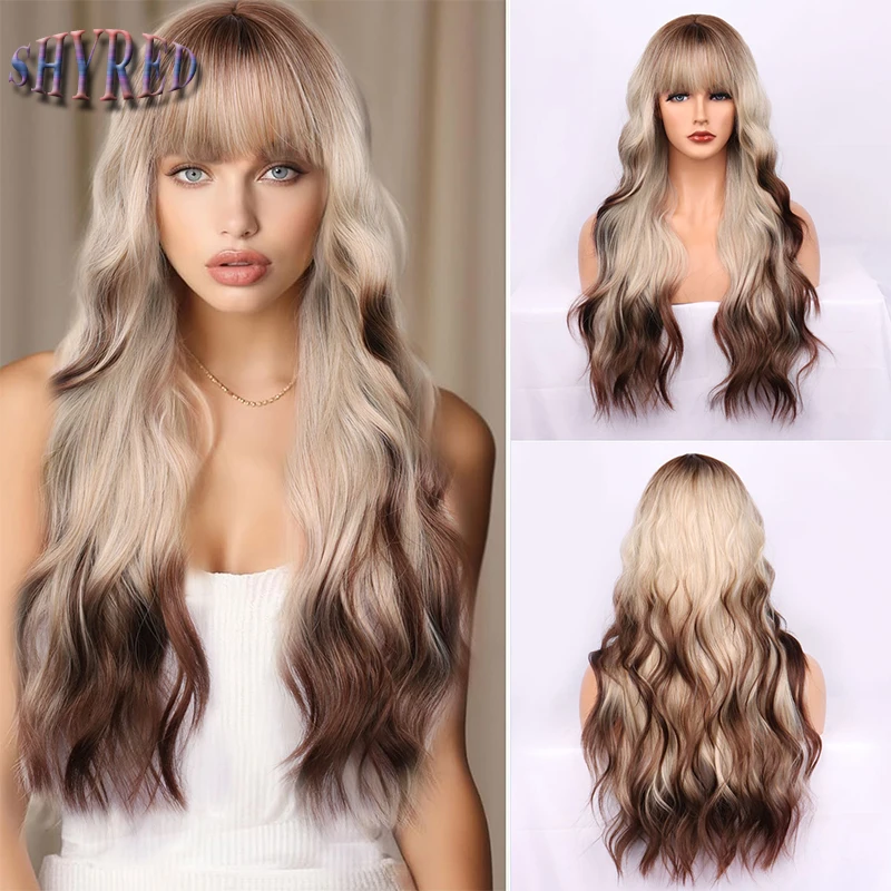 

Synthetic Long Gradient brown Wavy Wigs with Bangs for Women Curly Water Wave Daily Cosplay Realistic Fake Hair Heat Resistant