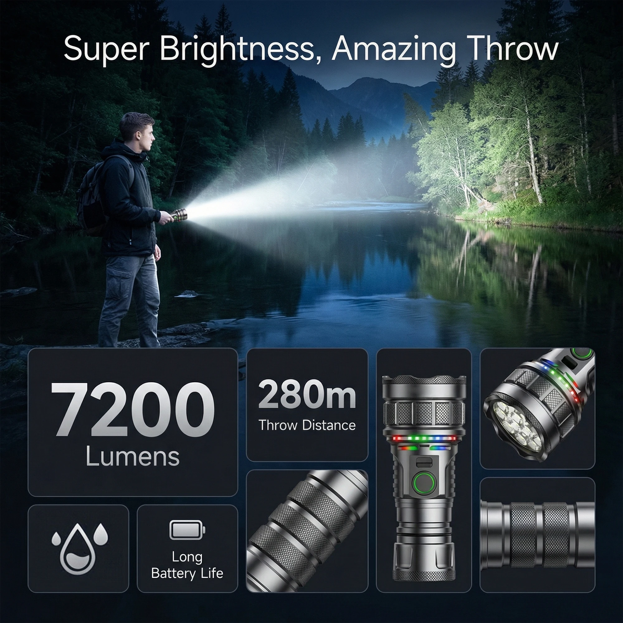 7200LM Ultra‑Bright Camping Flashlight 2‑in‑1, Long Lasting Rechargeable LED Camping Lantern, IPX6 Waterproof Outdoor Emergency Torch, Premium Gift Box Pack for Holiday Gift Present Hiking Fishing Travel Home Survival