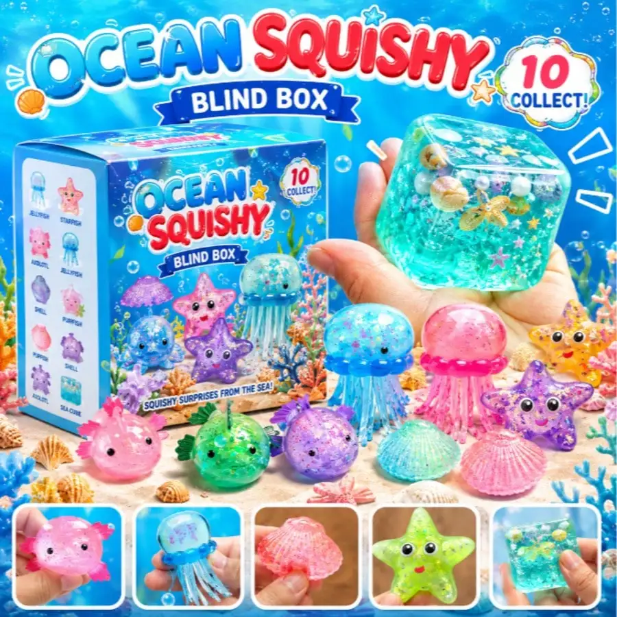 Caja Sorpresa de Juguetes Blandos Adorables – 1 Squishy Aleatorio por Pedido | Serie Océano: Concha de Isla, Ajolote, Pulpo, Pez Lanzaespadas, Concha, Medusa Colorida, Estrella | Caja Misteriosa de Sorteo Aleatorio