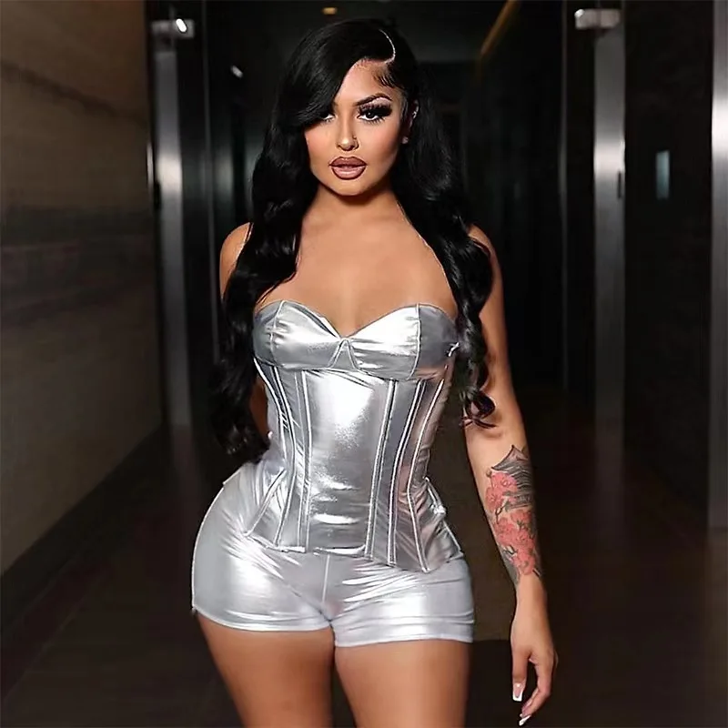 Roupas Feminina Spring Summer New Style Women Faux Leather Metallic Color Shaping Crop Top And Casual Shorts Pant Two-Piece Set