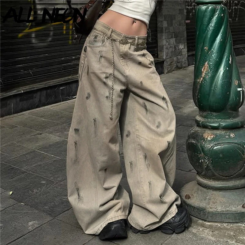 

ALLNeon 90s Vintage Streetwear Bottoms Casual Low Waist Wide Leg Jeans Women Y2K Grunge Zip Pockets Denim Pants Loose Cargo Jean