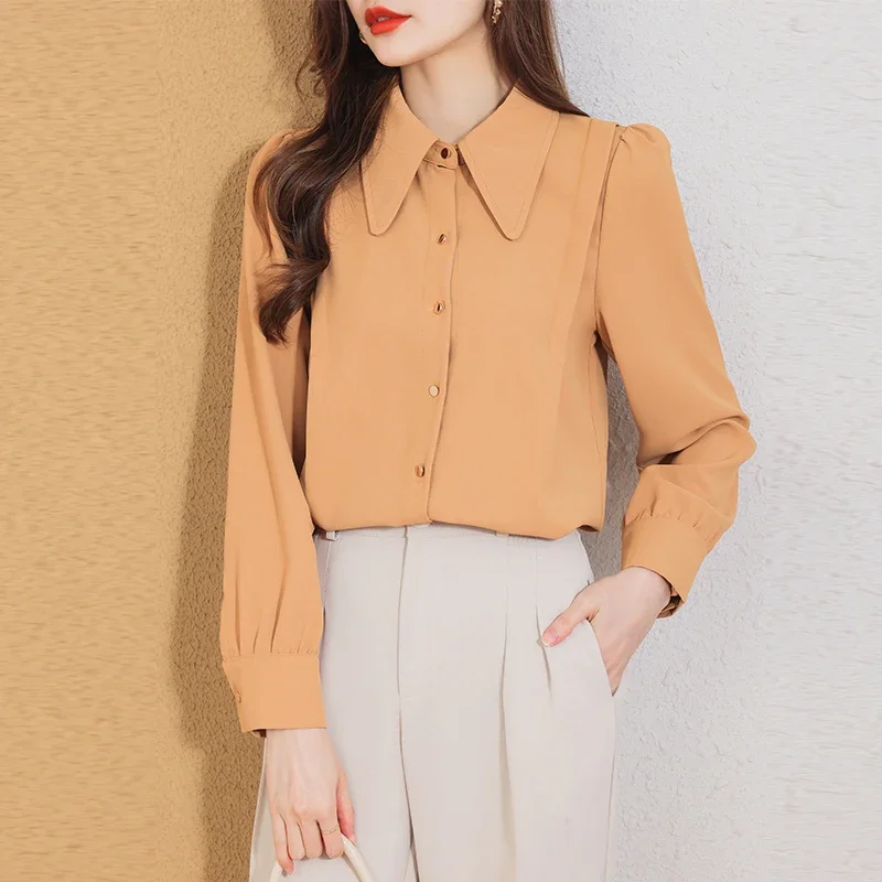 

Vintage Women Shirt Korean Fashion Long Sleeve Blouse Women Autumn Elegant Button Up Shirts Women Clothing Solid OL Womens Tops