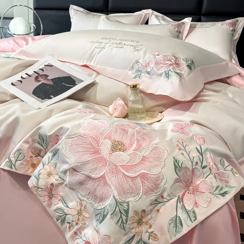 4pcs Light Luxury Style  120 Count Long Styl Cotton polyeste Embroidered Bedding Duvet Cover 200x230 220x240 Four Seasons