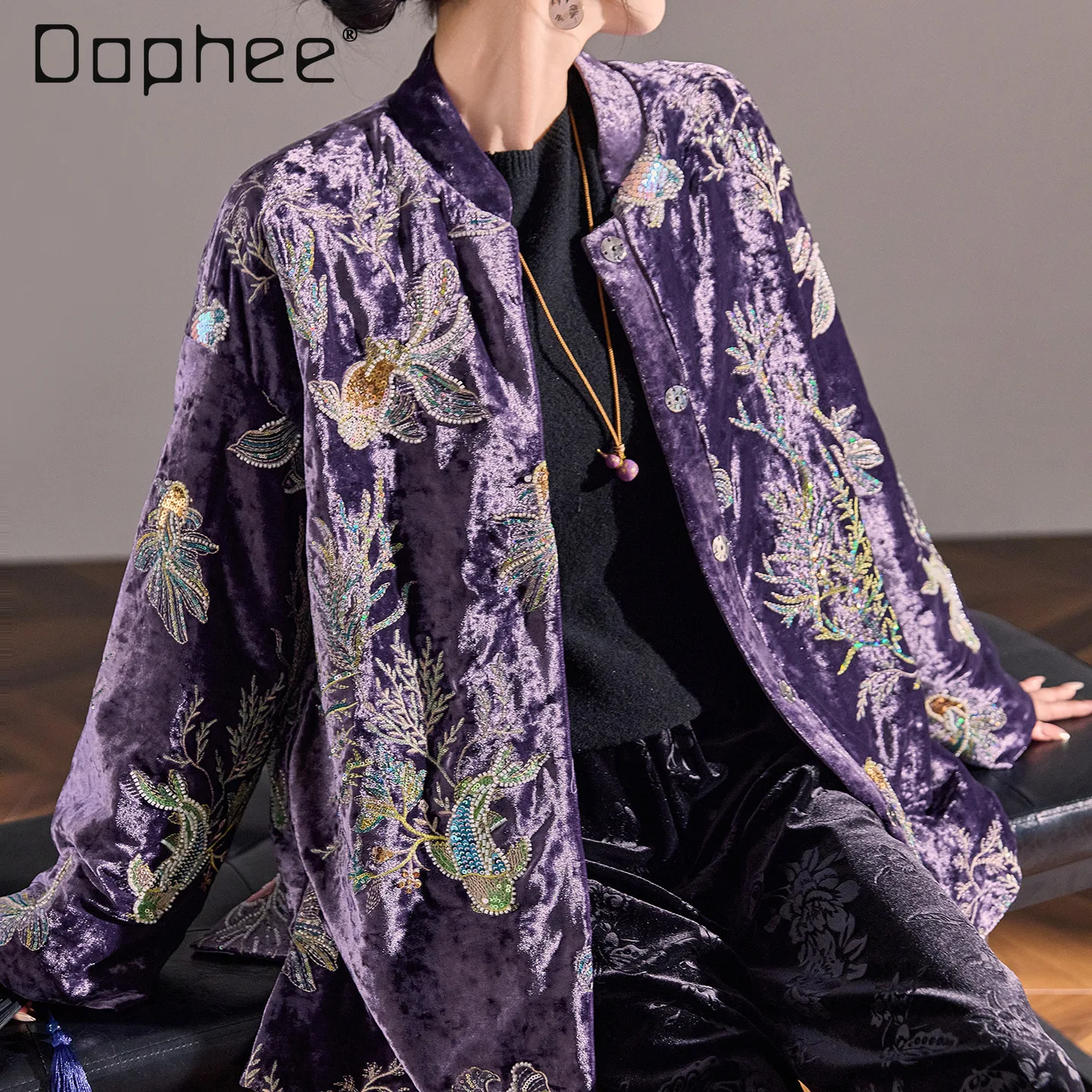 

New Chinese Style Elegant Heavy Sequin Embroidery Light Luxury Loose Cotton Jacket Women Light Luxury Socialite Thickened Jacket