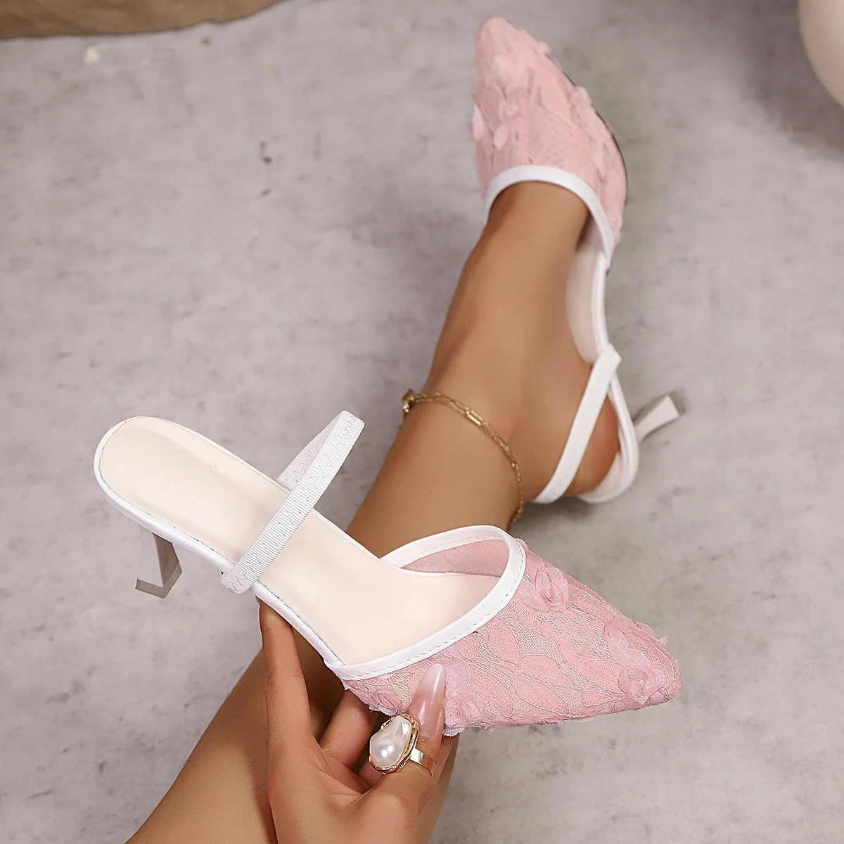 Summer Women Sandals Mesh Embroidery High Heels Sandals Women Sexy Pointed Toe Slingback Heeled Shoes Elegant Banquet Shoes