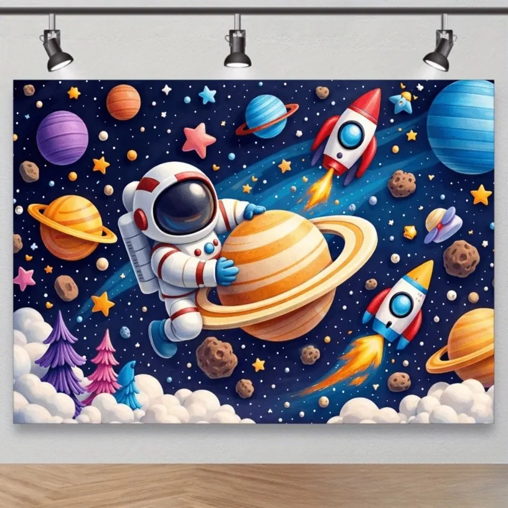 Cartoon Astronaut Rocket Planet Space Theme Banner Decoration Background, Birthday Party, Room Decoration Photography Background