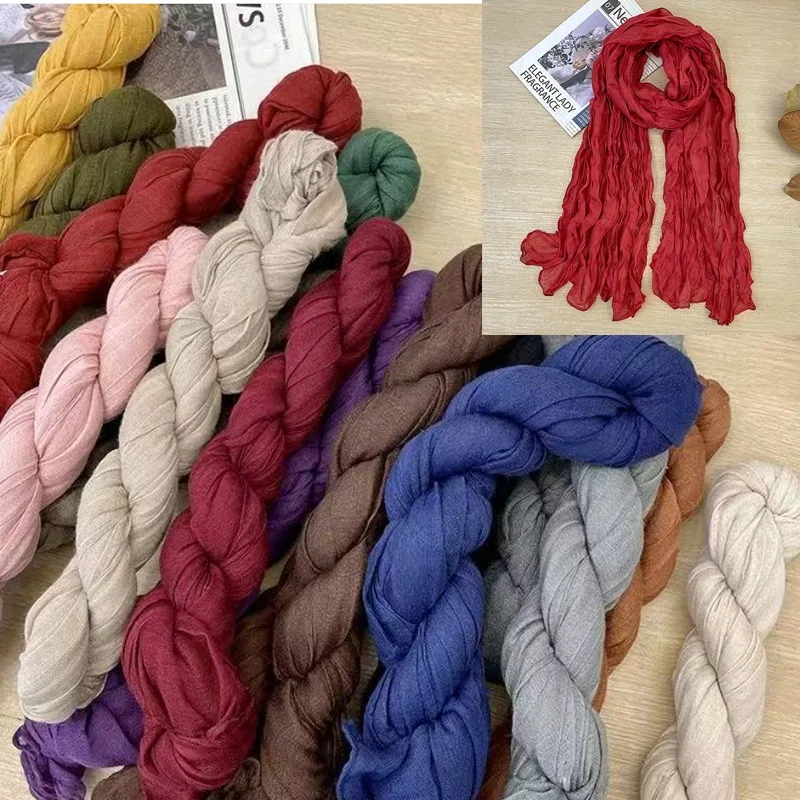 

Crinkled Voile Scarf - Cotton Linen Folded Thin Knitting Wrap for Women & Students - Daily Casual Fashion Scarves (Breathable)