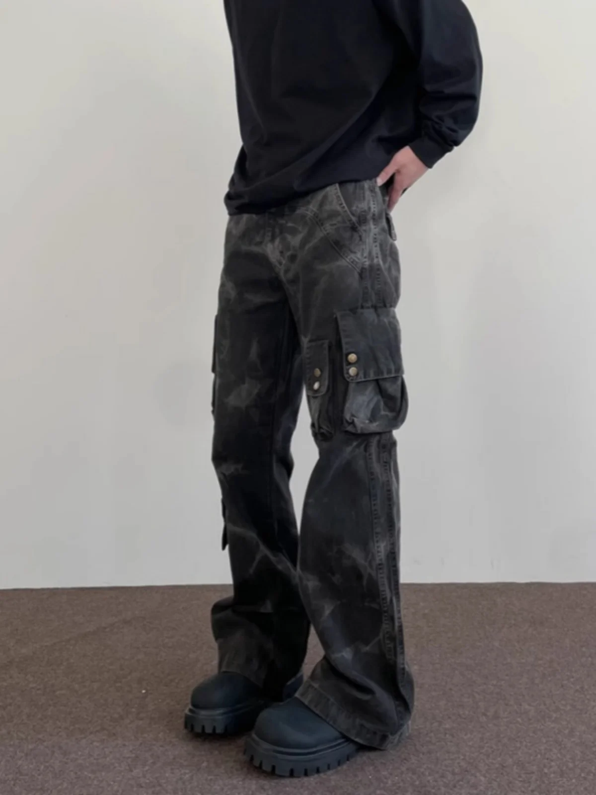 

American High Street Vintage Waed Tie Dye Multi ket Work Pants Men Straight Leg Micro Flare Vibe Sle Cotton Polyester