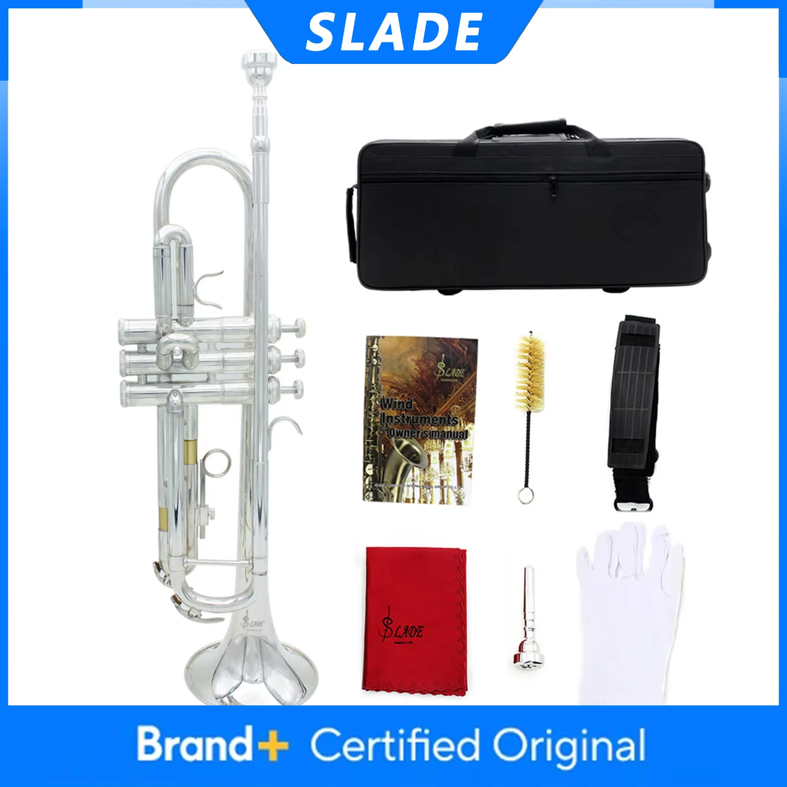 

Тромбон SLADE Bb (Си-бемоль) из латуни, серебристый, профессиональный, с чехлом, перчатками, салфеткой для чистки и аксессуарами