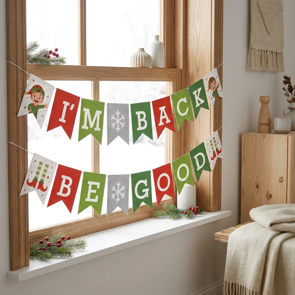 Weihnachtselfen-Banner „Ich bin zurück, sei ein guter Elf“ auf dem Kaminregal, Weihnachts-Wandbehang, Heimdekoration – Detail 1