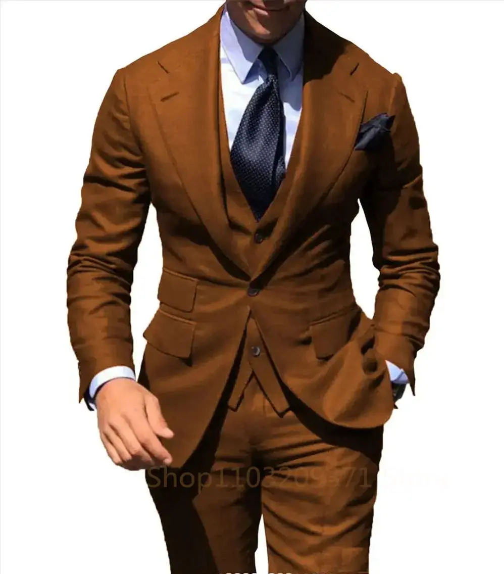 New Brown 2024 Business Suit Men Tuxedos Groom Groomsman Prom Wedding Party Formal 3 Piece Set Jacket Vest Pants