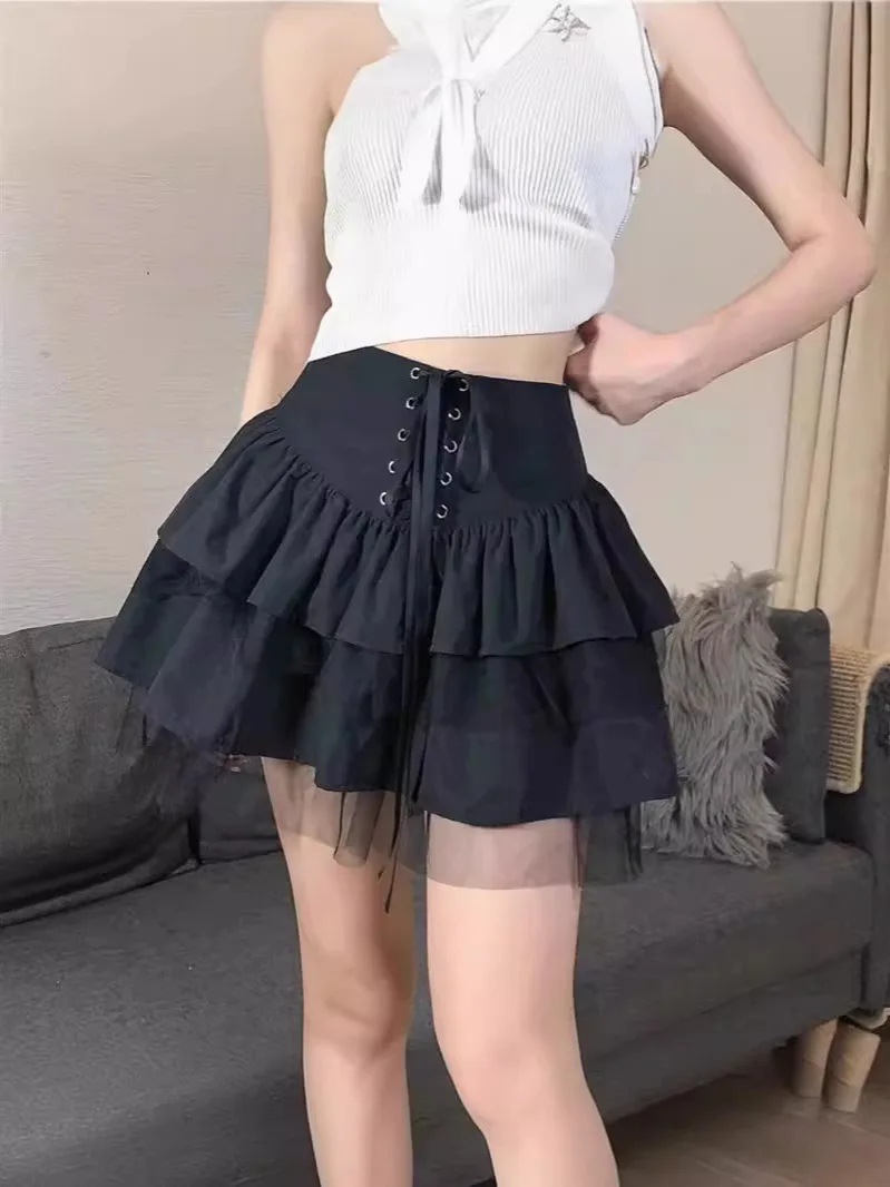 

Women Black Mini Skirt Cute Sexy Elastic High Waist Lace Ball Gown Ruffle Patchwork Lolita Skirt Short Korean Sweet Y2K Clothing