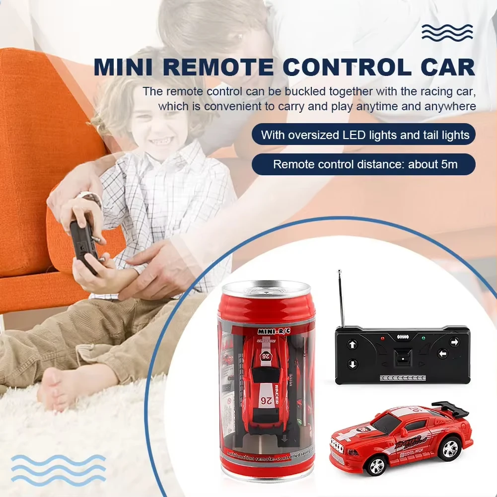 Mini RC Car in Coke Can,Remote Control Racing Vehicle with LED Lights & Roadblocks,Battery Operated Micro Toy for Kids Boys Gift