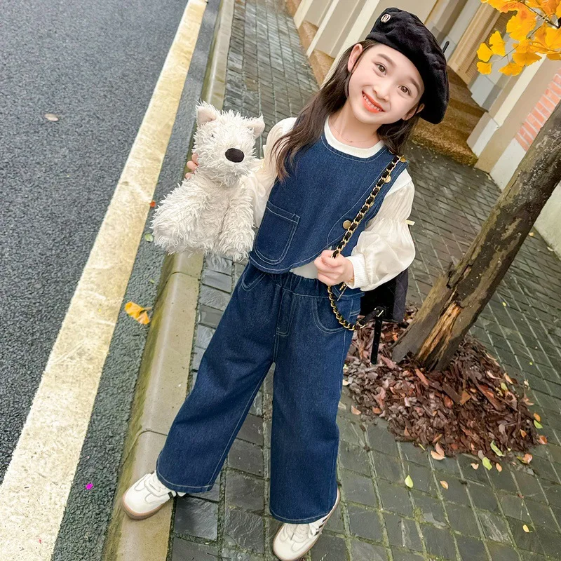 

Autumn Teen Girls Denim Suit Irregular Cowboy Vest+Bubble Sleeve Shirt+Denim Wide leg pants Junior Kids Jeans Suit Child Outfits