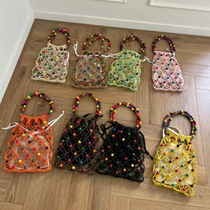 Shoulder Bags Women Cotton Colorful Hollow Out Beaded Fishing Net Handbag